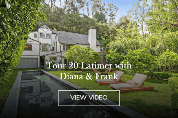 Animated video thumbnail: 1928 English Tudor at 20 Latimer Road with a long dark pool and lounge chairs on a green lawn, 'Tour 20 Latimer with Diana & Frank' and a View Video button