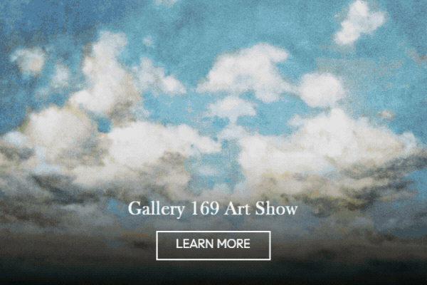 Animated image of a painted blue sky with soft clouds, 'Gallery 169 Art Show' with a Learn More button
