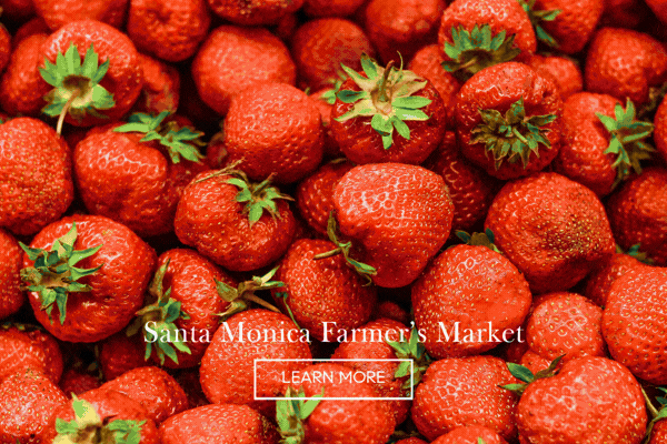 Animated image of a pile of fresh strawberries, 'Santa Monica Farmer's Market' and a Learn More button