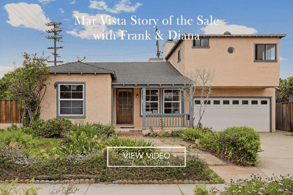 Animated video thumbnail: pink stucco Mar Vista bungalow with front garden, 'Mar Vista Story of the Sale with Frank & Diana' and a View Video button