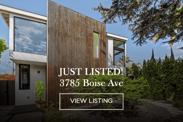 Animated image of 3785 Boise Ave: modern white home with a vertical wood-slat facade behind greenery, 'Just Listed! 3785 Boise Ave' and a View Listing button