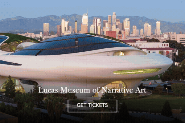 Animated image of the curving white Lucas Museum of Narrative Art with the downtown LA skyline behind, with a Get Tickets button