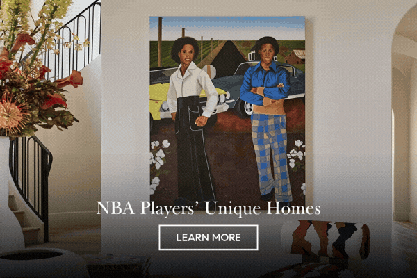 Animated image of an elegant entry hall with a large figurative painting and curved stair, 'NBA Players' Unique Homes' with a Learn More button